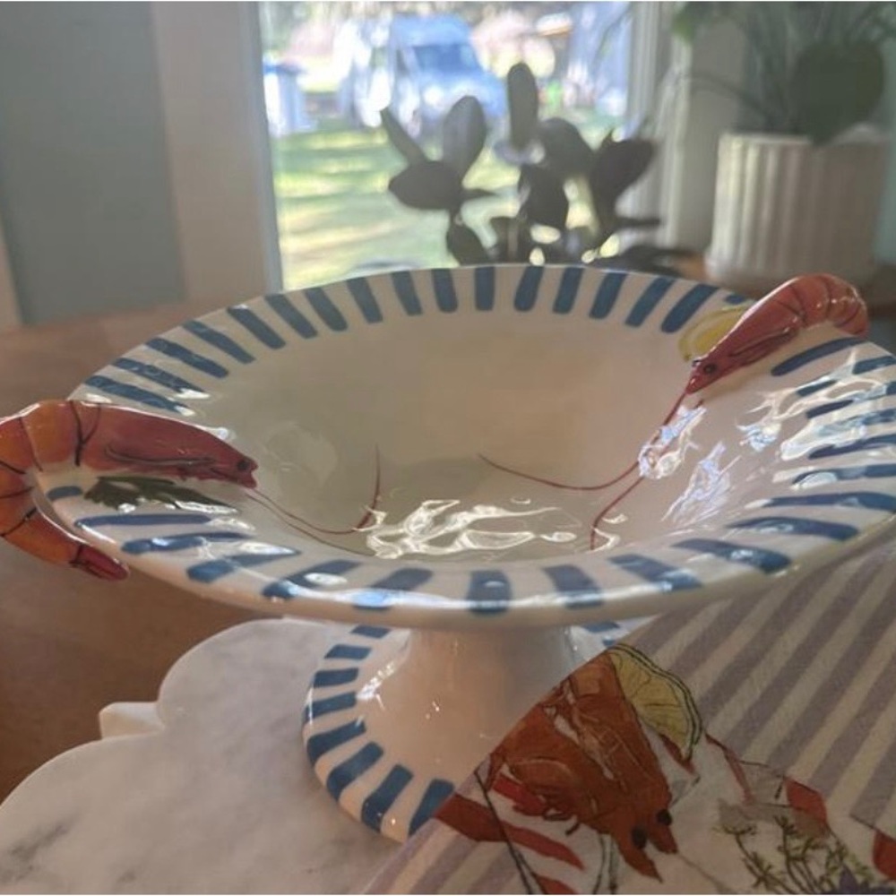 Anthropologie Blue and White Striped Dish with Shrimp Accents